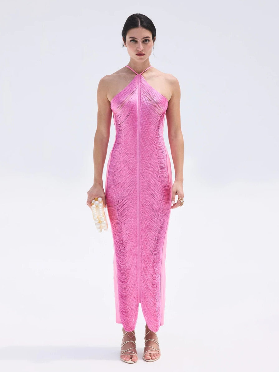 CELEB FUR IRREGULAR MAXI DRESS-PINK