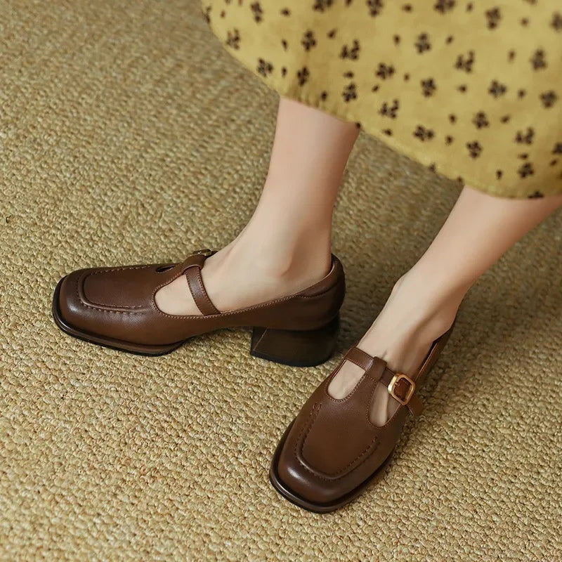 Square Toe T-Strap Buckle Mary Jane Flats