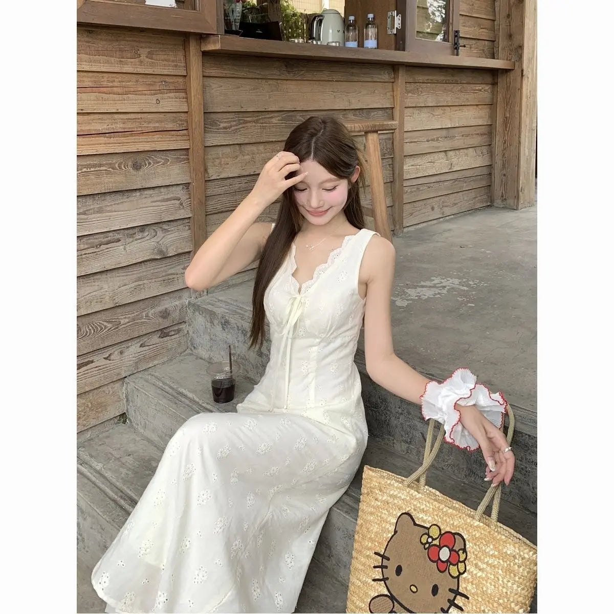Eyelet V-Neck Lace Trim Slip Midi Dress Summer 5