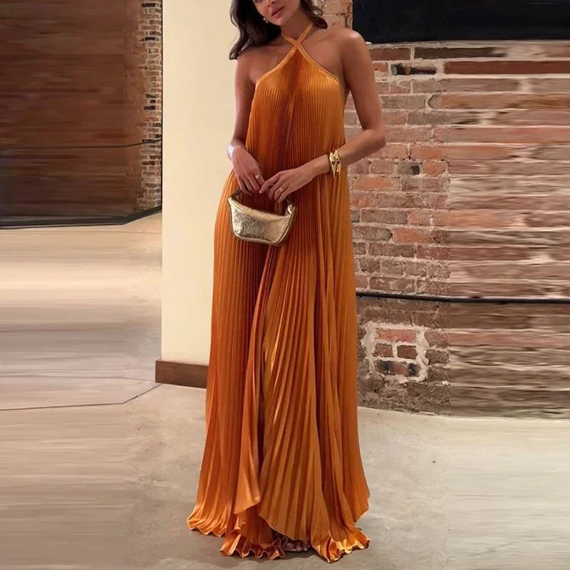 Satin Pleated Cross Halter Neck Sleeveless Flowy Maxi Dress 2