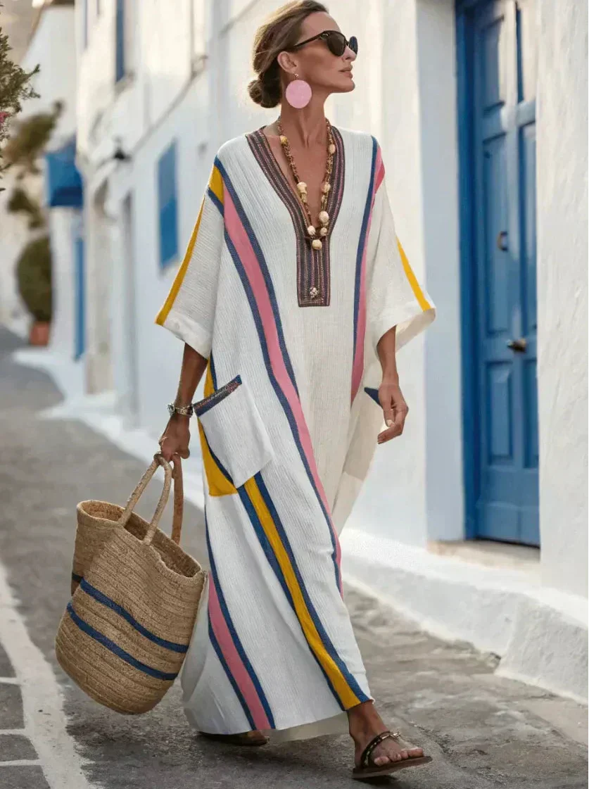 V-Neck Striped Trim Three Quarter Sleeve Beach Cover Up Kaftan