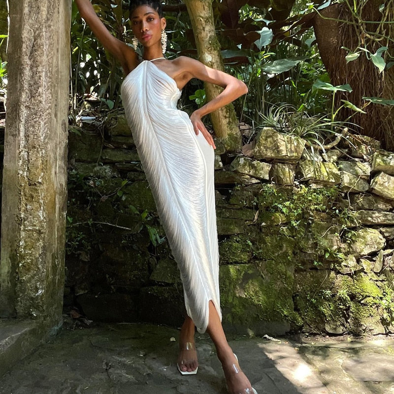CELEB FUR IRREGULAR MAXI DRESS-WHITE