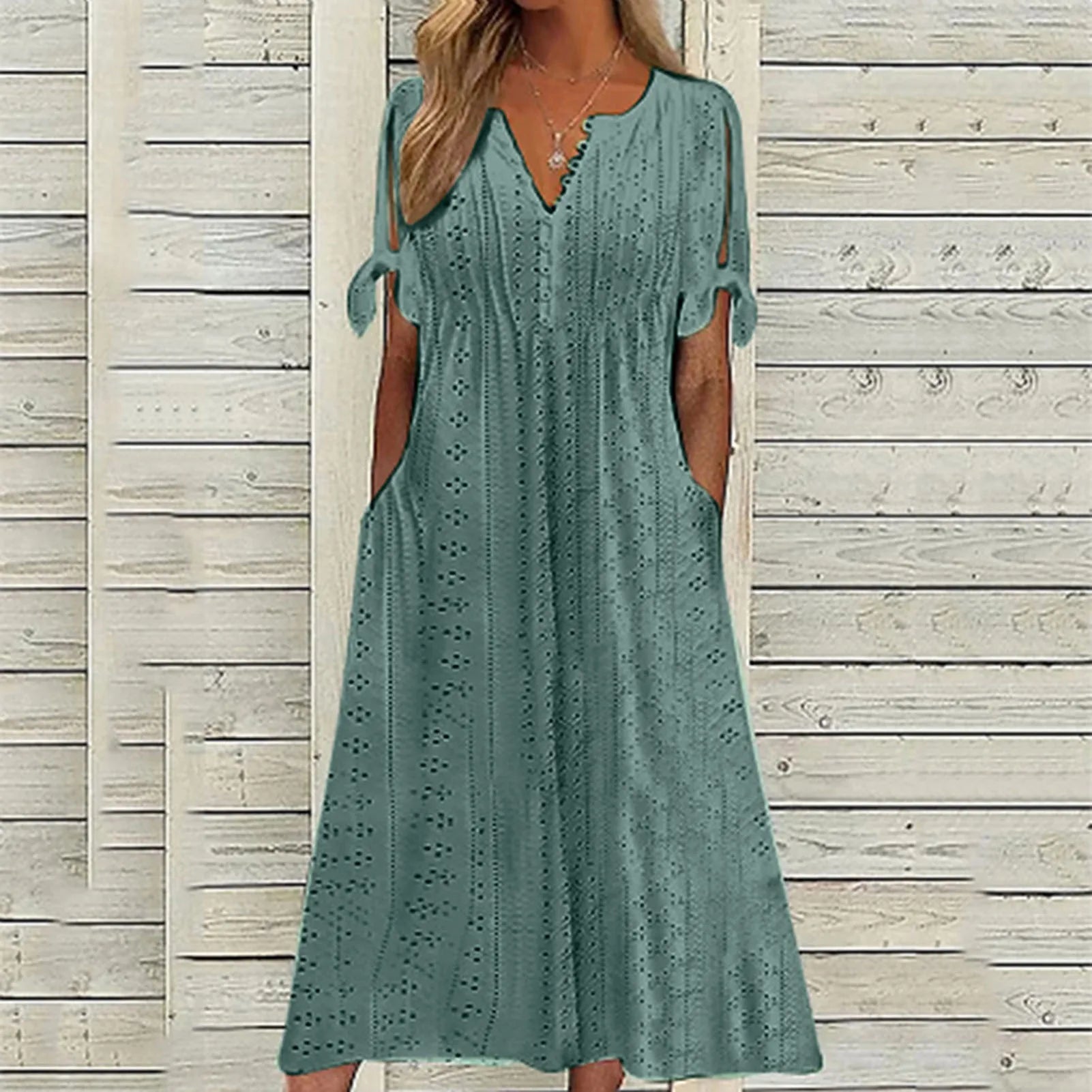Eyelet Hollow Out V-Neck Button Front Tie Cuff Pocket A-Line Midi Dress