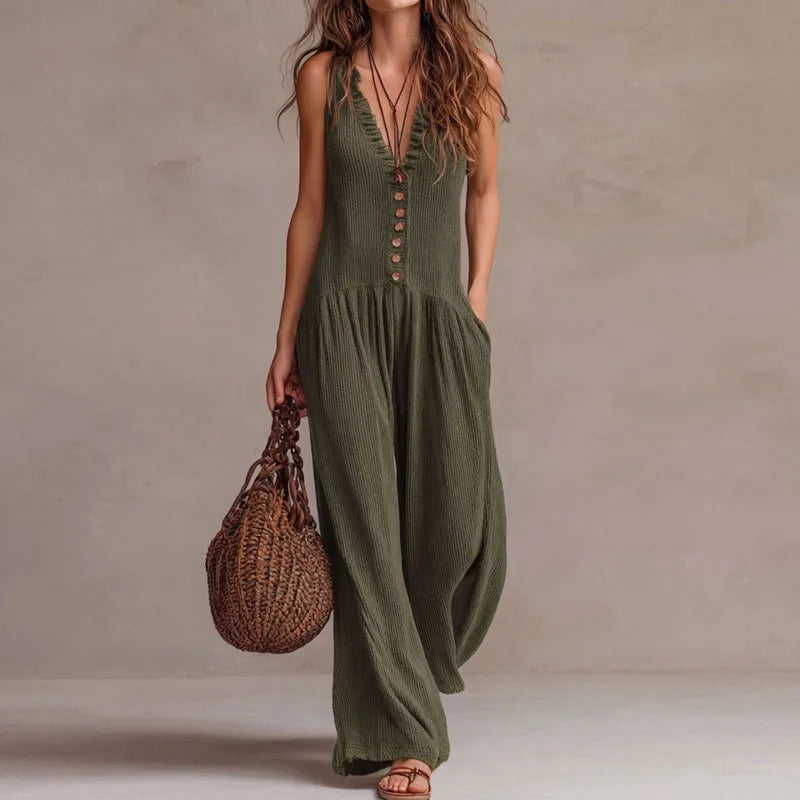 Deep V-Neck Button Front Sleeveless Wide Leg Jumpsuit