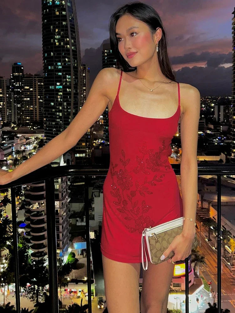 Diamond Sticker Backless Elastic Mini Dress