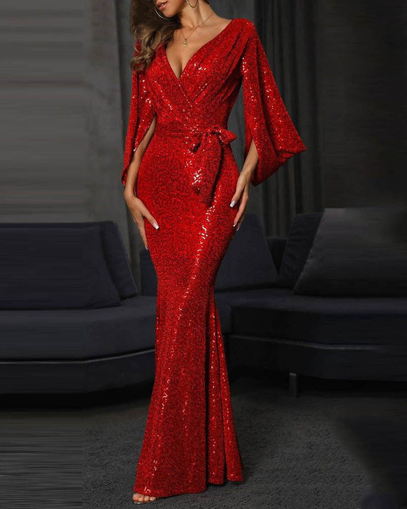 Sequin Deep V-Neck Split Sleeve Belted Mermaid Gown