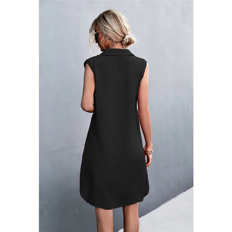 Collared Sleeveless Button Front Side Split Shirt Dress