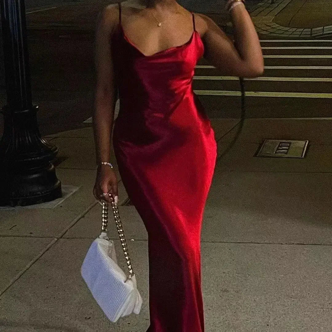Elegant Satin Backless Spaghetti Strap Slip Dress 4