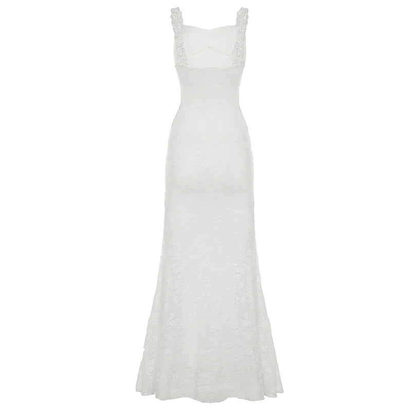 Boho Chic Women Floor Length Fishtail Dress White Lace Graceful Sexy Sleeveless Bodycon Maxi Dress Summer Clubwear