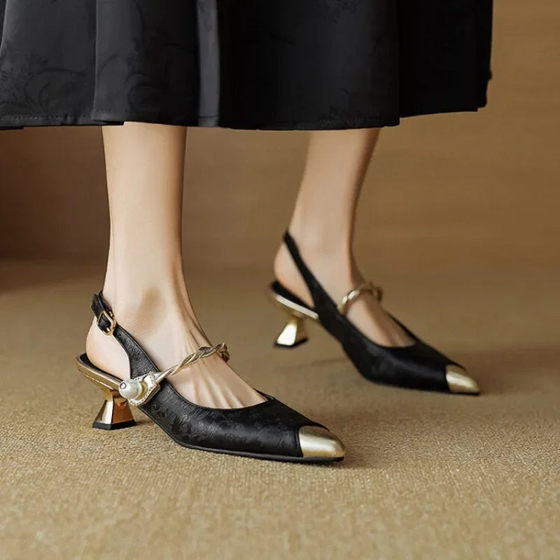 Pointed Cap Toe Pearl Slingback Kitten Heel Pumps