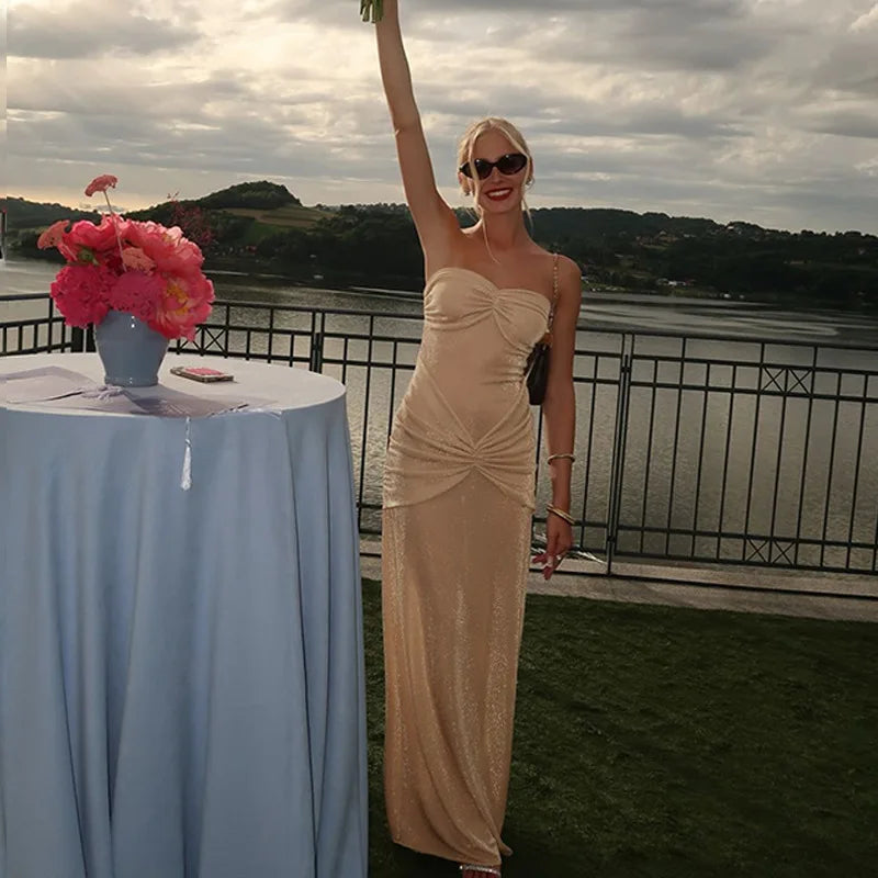 Metallic Strapless Ruched Twist Front Column Maxi Dress