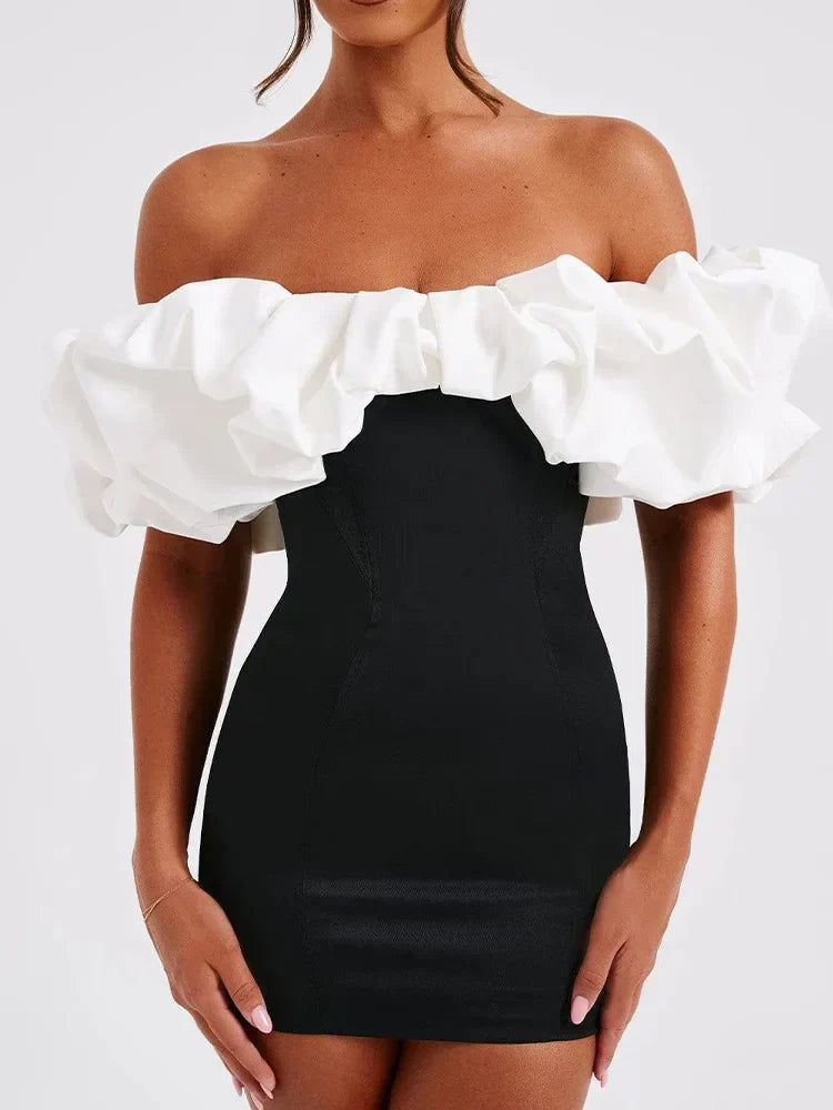 Off Shoulder Ruffle Puff Band Strapless Bodycon Mini Dress
