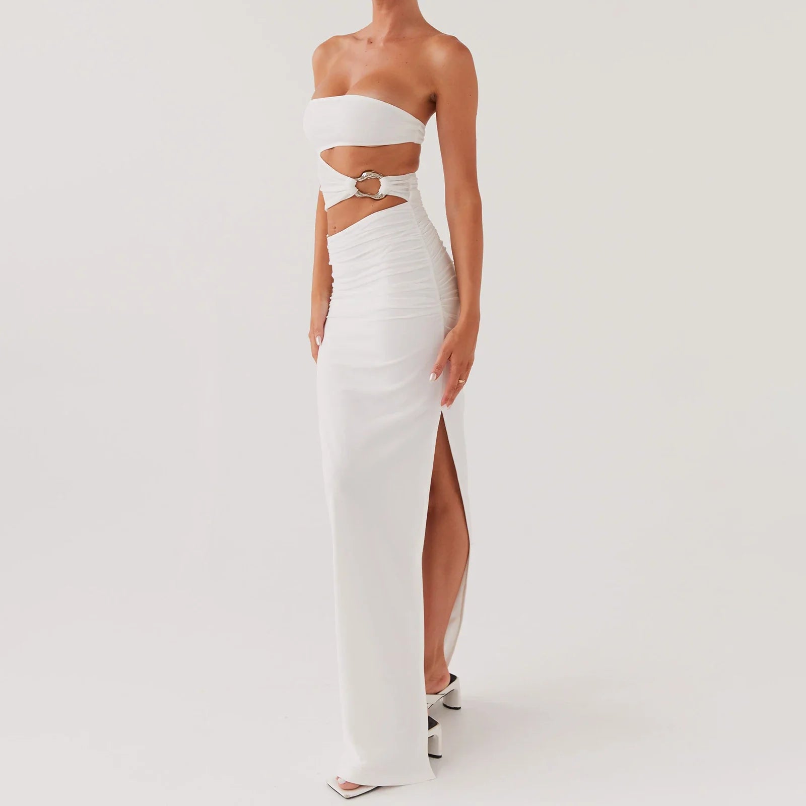 Hollow Strapless Metal Slit Midi Dress