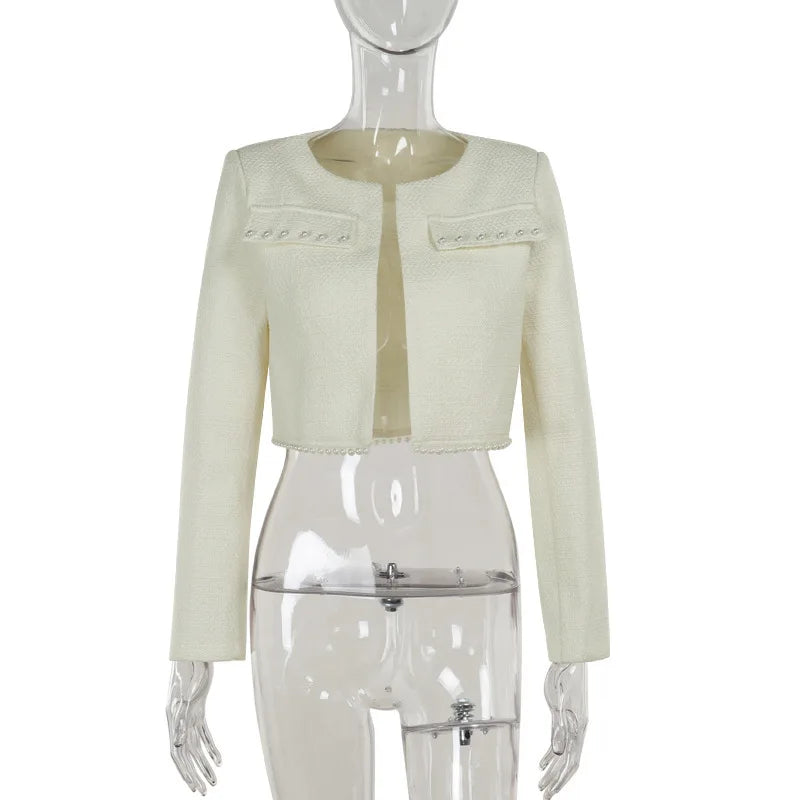 Tweed Faux Pearl Trim Cropped Jacket and Strapless Mini Dress Two Piece Set 12