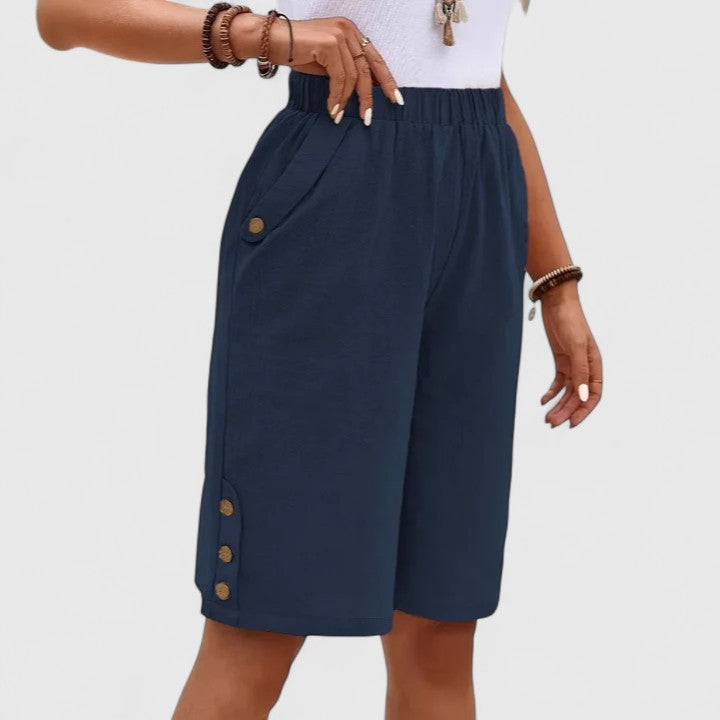 High Waist Side Button Knee Length Bermuda Shorts