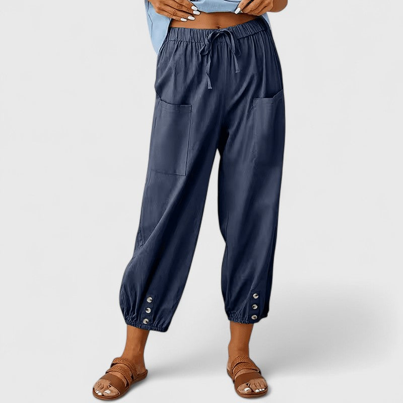 High Waist Drawstring Button Hem Cropped Pants