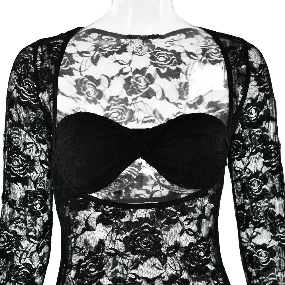 Sheer Floral Lace Long Sleeve Cut Out Twist Bust Bodycon Maxi Dress 26