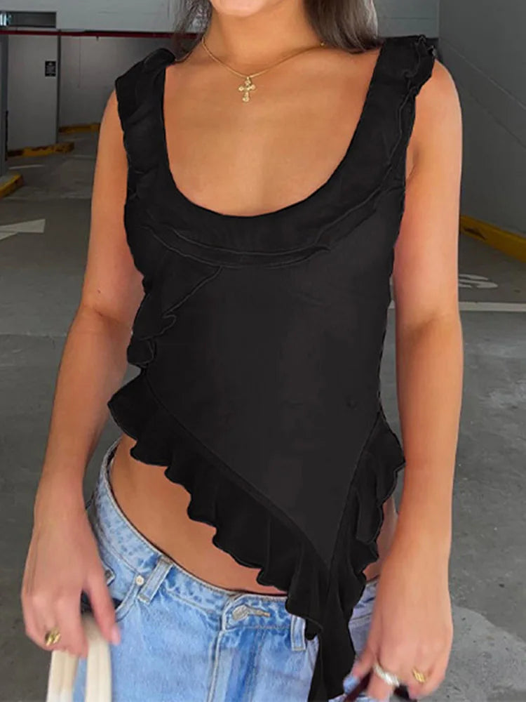 Oneck Ruffled Backless Irregular Cami Top