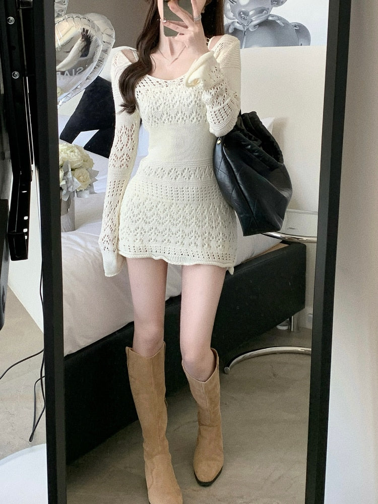 Y2k Sexy Gown Korea Mini Slim Brief Long Arm Gown Lace Party Knitted Gown Vintage