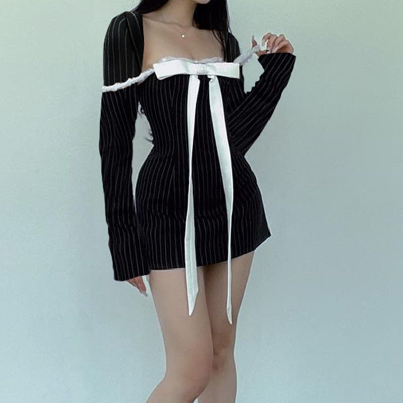 Pinstripe Square Neck Long Sleeve Bow Front Lace Trim Mini Dress 5