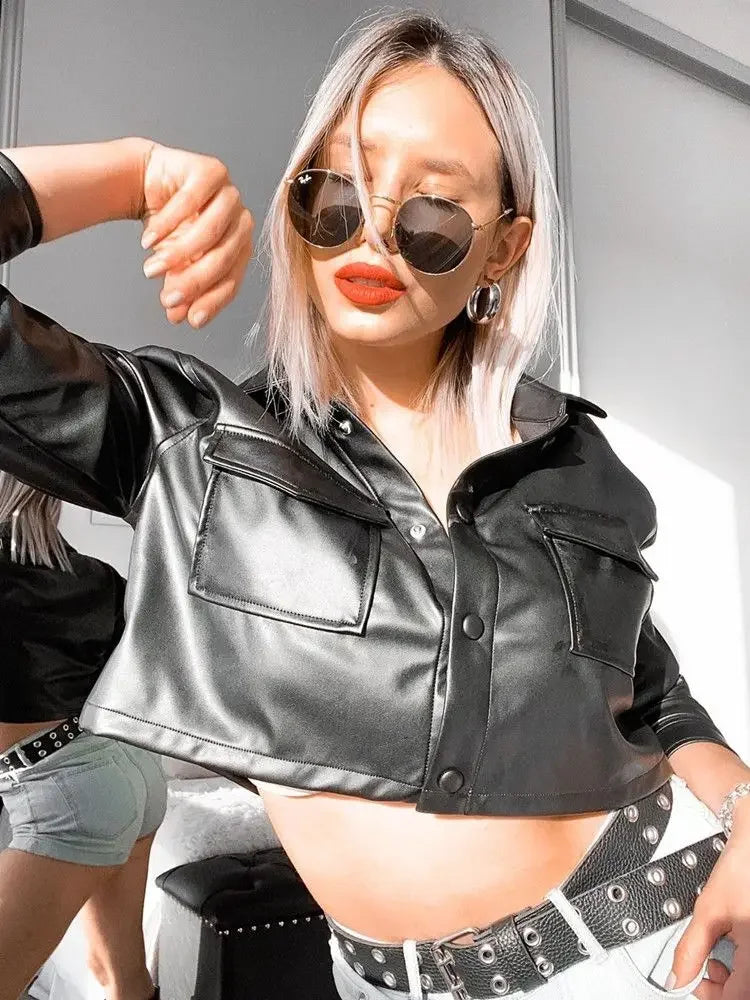 Cropped Lapel PU Leather Jacket