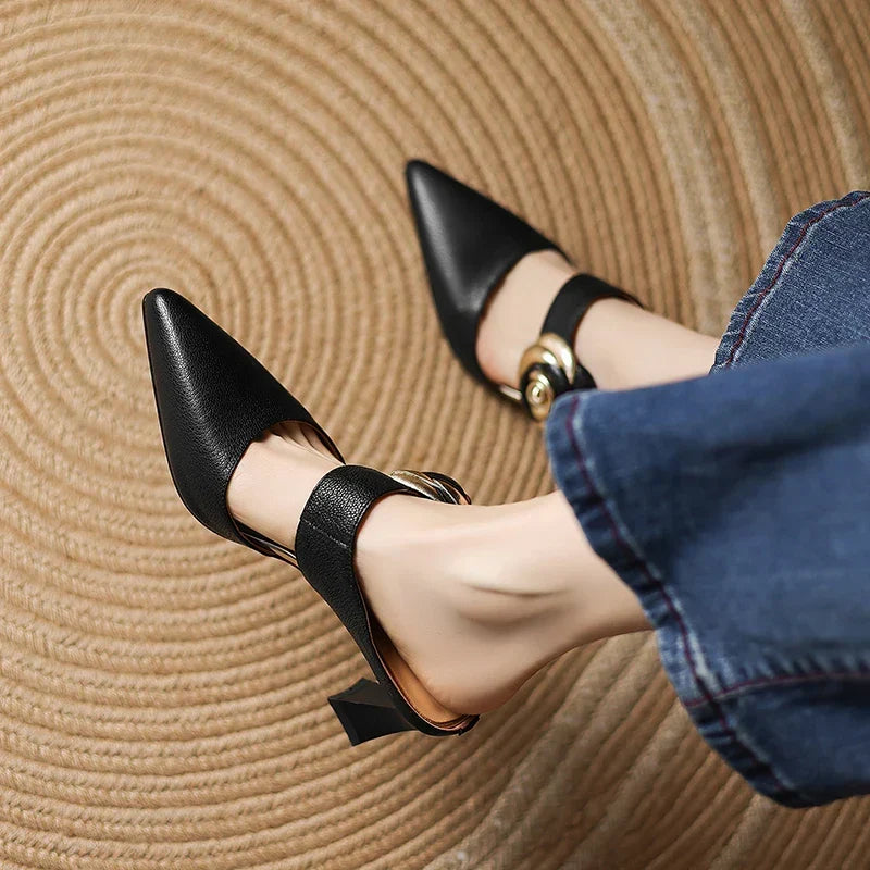 Pointed Toe Floral Buckle Spool Heel Mules