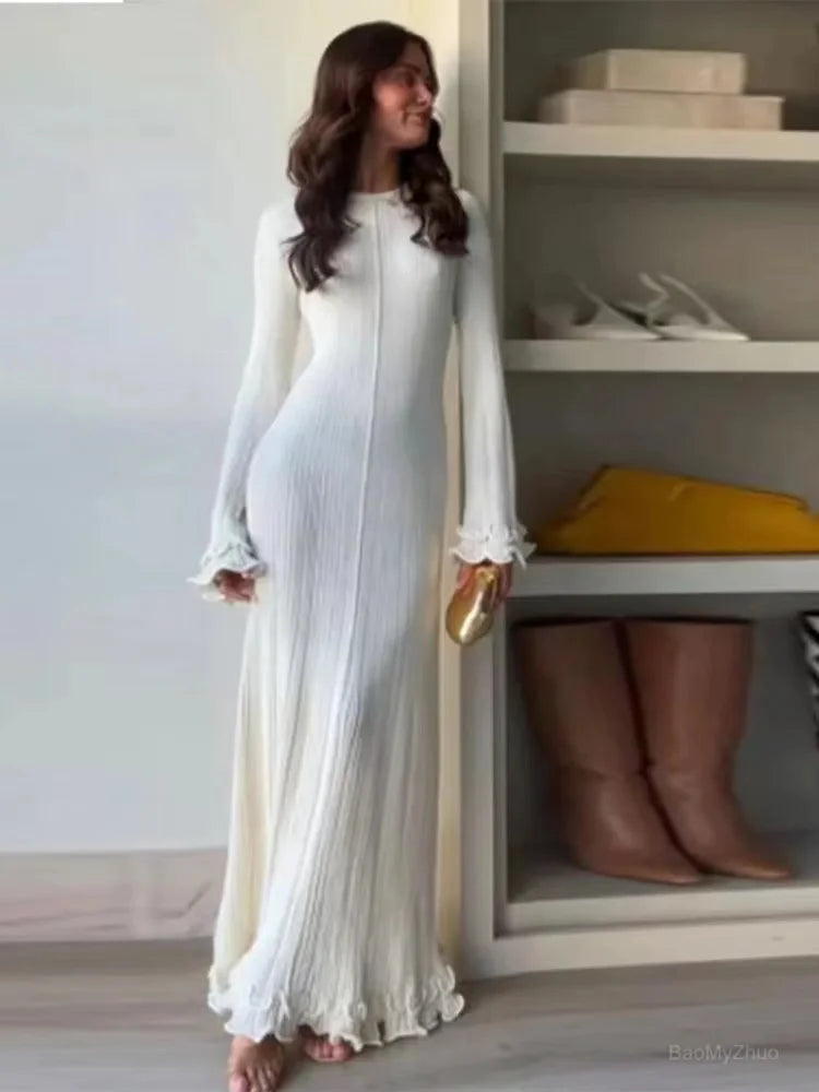 Ribbed Knit Crew Neck Long Sleeve Fluted Cuff Ruffle Hem Maxi Dress
