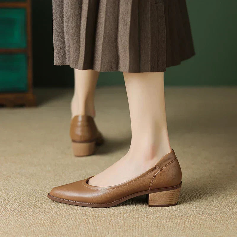 Pointed Toe Slip On Block Heel Pumps