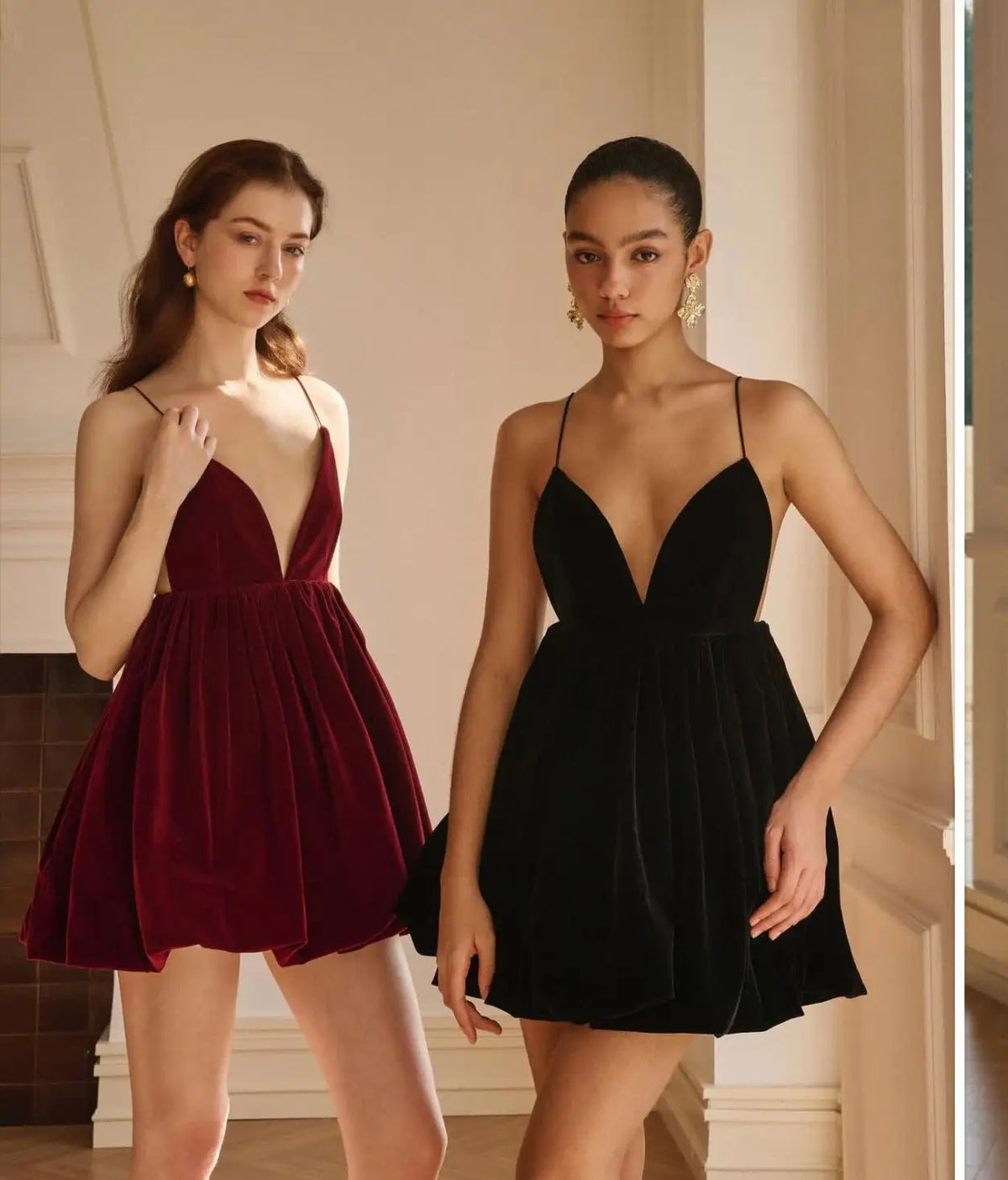 Velvet Deep V-Neck Spaghetti Strap Bubble Hem Mini Dress 7
