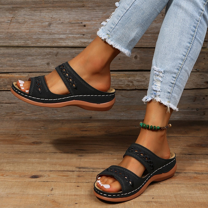 Peep Toe Cutout Double Band Wedge Slide Sandals