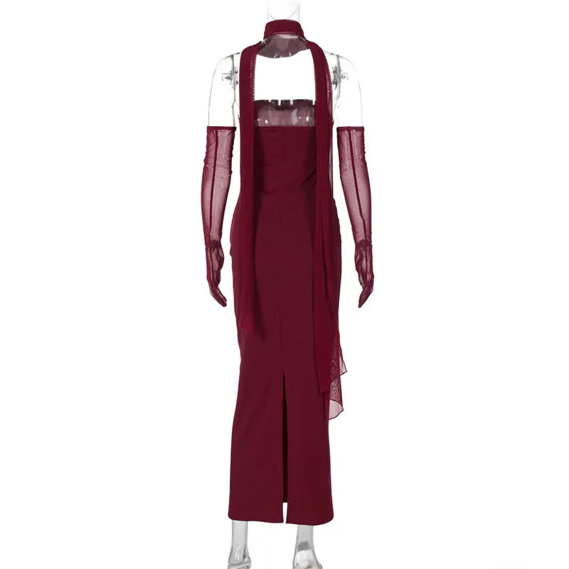 Mesh Sleeve Off - shoulder Long Dress