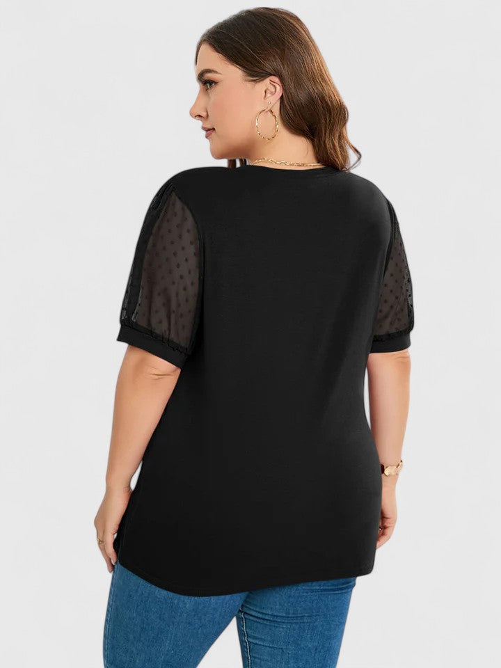 V-Neck Swiss Dot Mesh Puff Short Sleeve Top