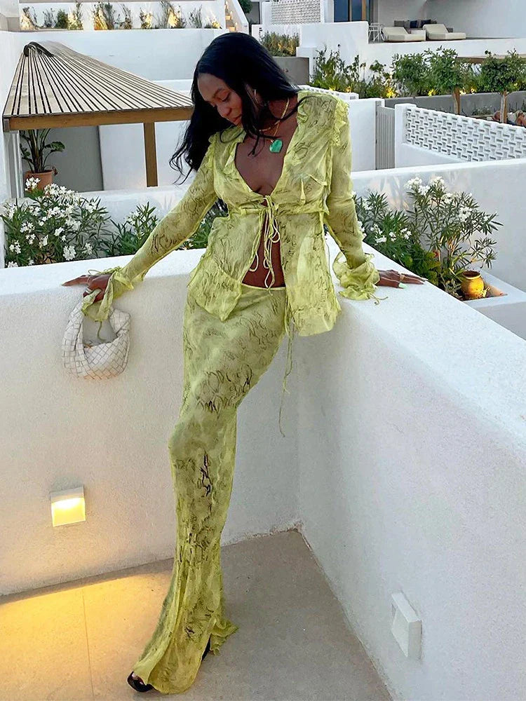 Y2K Mesh Edition Green Bodycon Maxi Dress