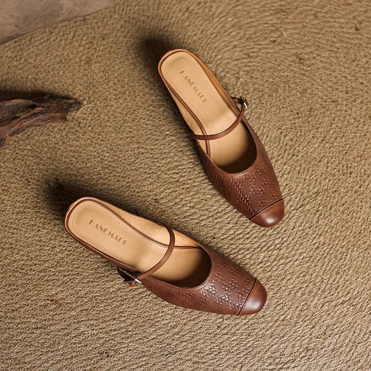 Embossed Square Toe Buckle Strap Block Heel Mary Jane Pumps