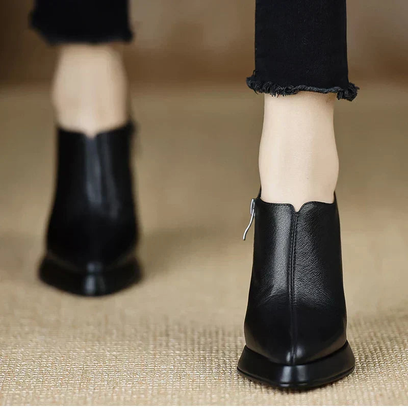 Pointed Toe Side Zip Block Heel Ankle Boots