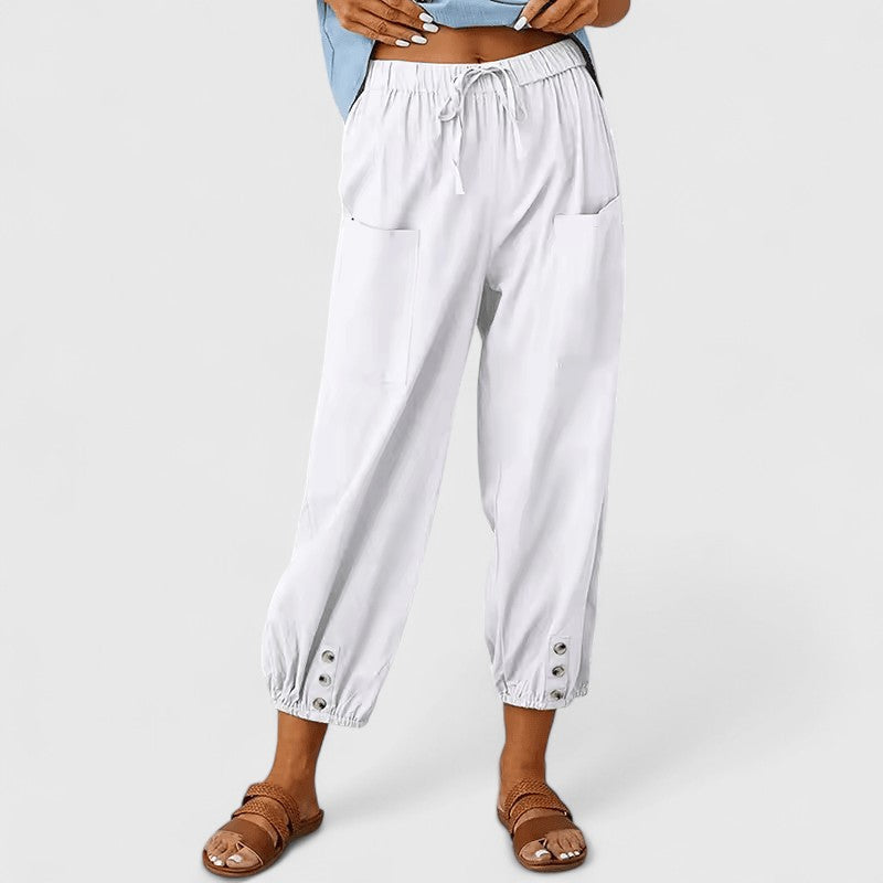 High Waist Drawstring Button Hem Cropped Pants