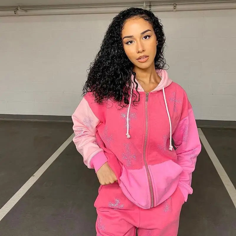 Cross Rhinestone Zip Hoodie
