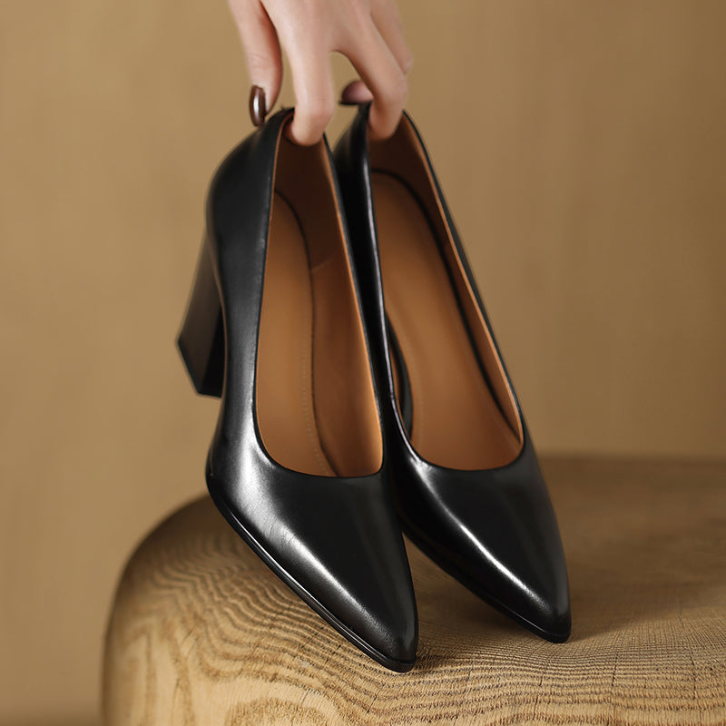 Pointed Toe Block Heel Slip On Leather Look Pumps