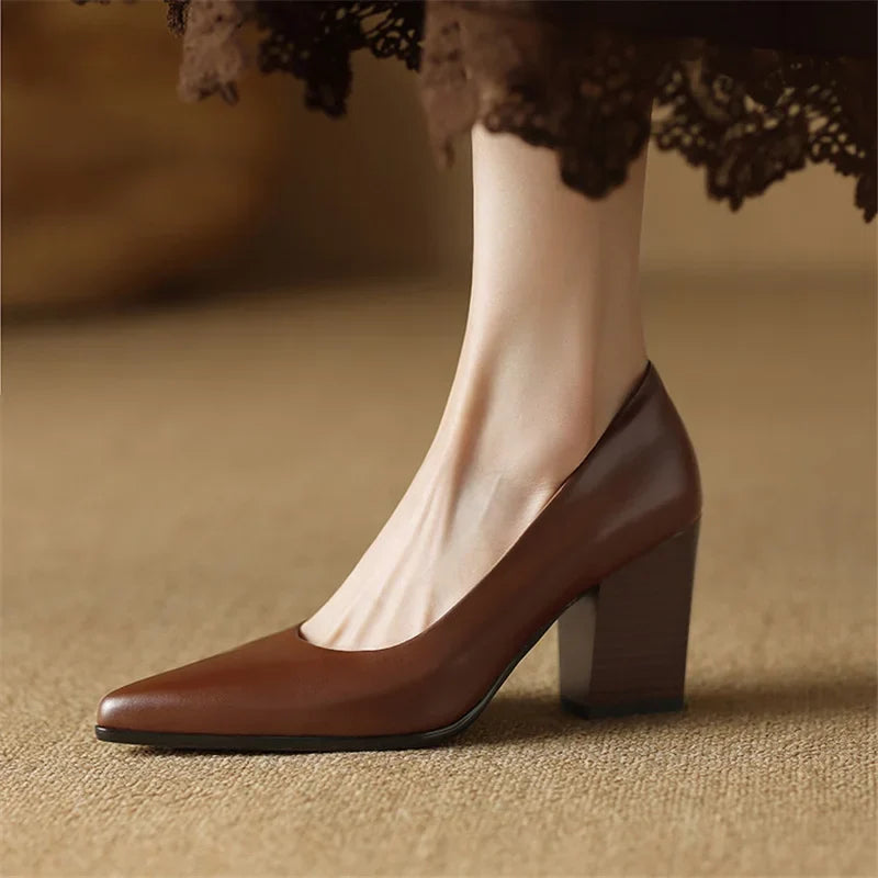 Pointed Toe Block Heel Slip On Leather Look Pumps