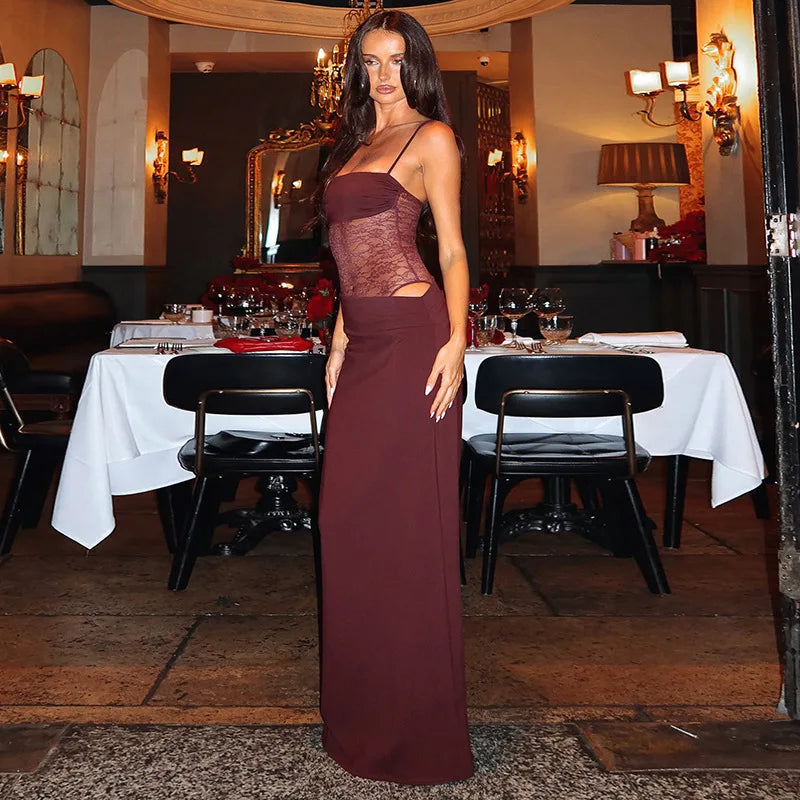 Spaghetti Strap Sheer Lace Waist Panel Bodycon Maxi Dress 12