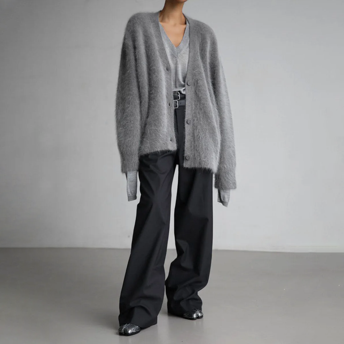 Fuzzy Knit V-Neck Button Front Cardigan