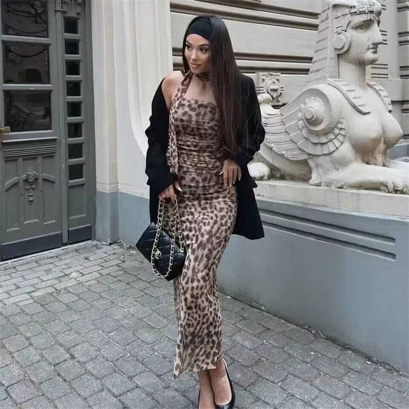 Leopard Print Ruched Tulle Off Shoulder Cami Top