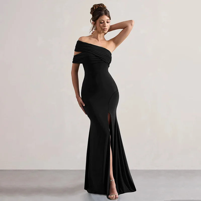 Off Shoulder Ruched Mesh Bodice High Split Mermaid Maxi Dress 10