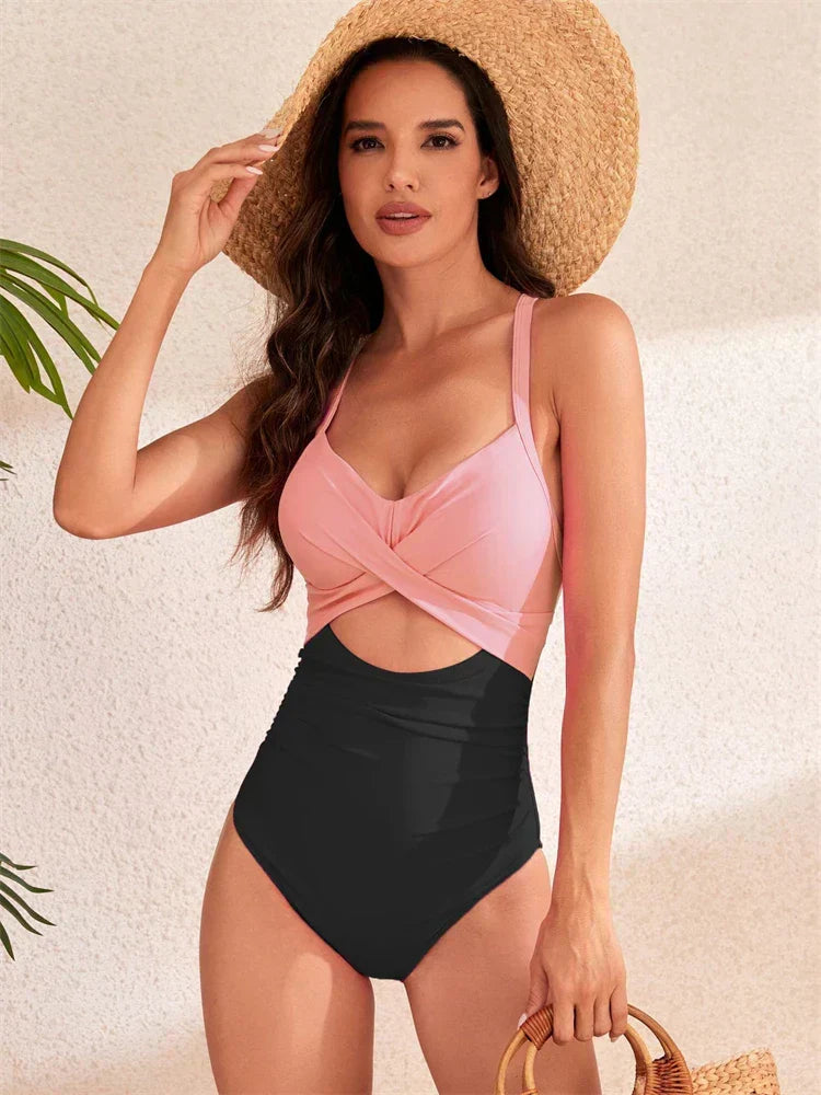 Twist Front Cut Out Ruched One Piece Swimsuit