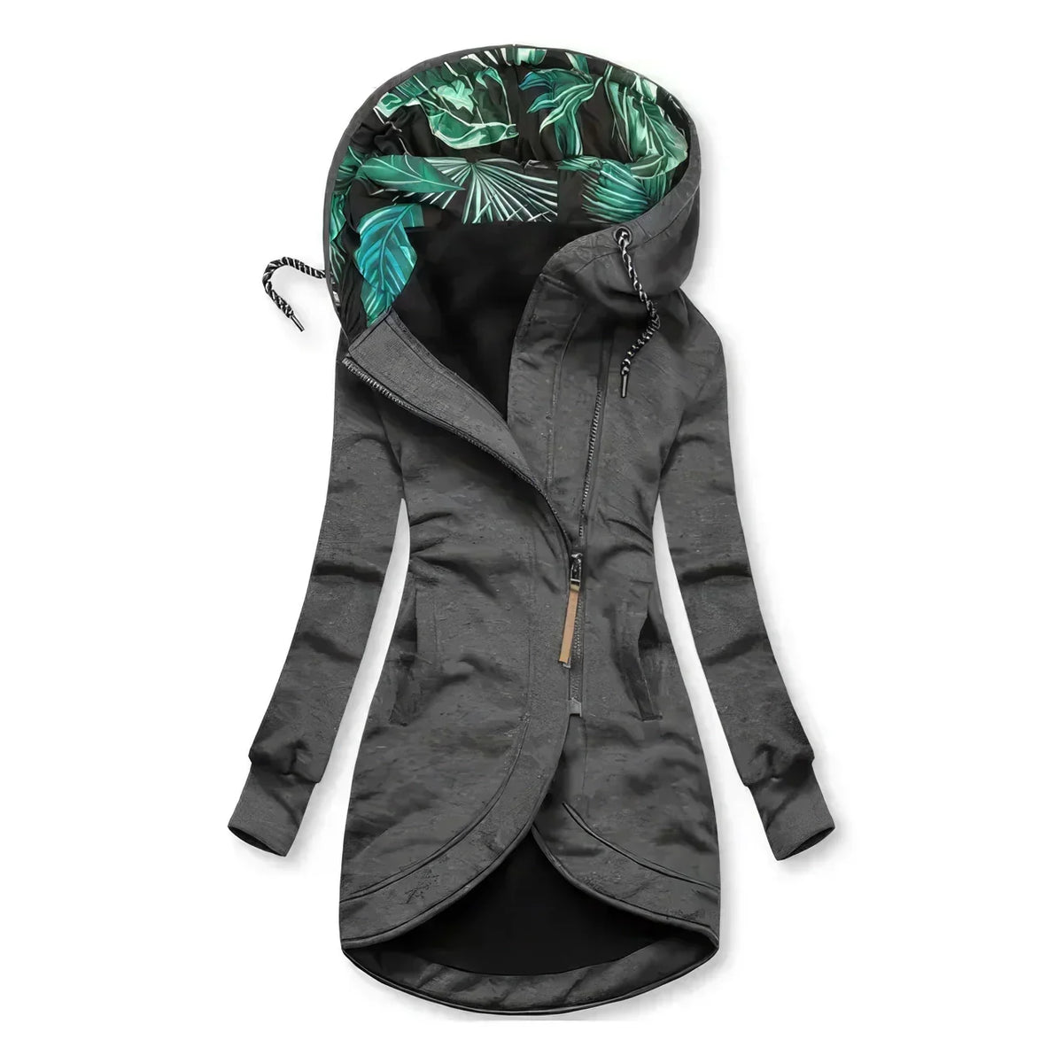 Hooded Zip Front Drawstring High Low Longline Jacket