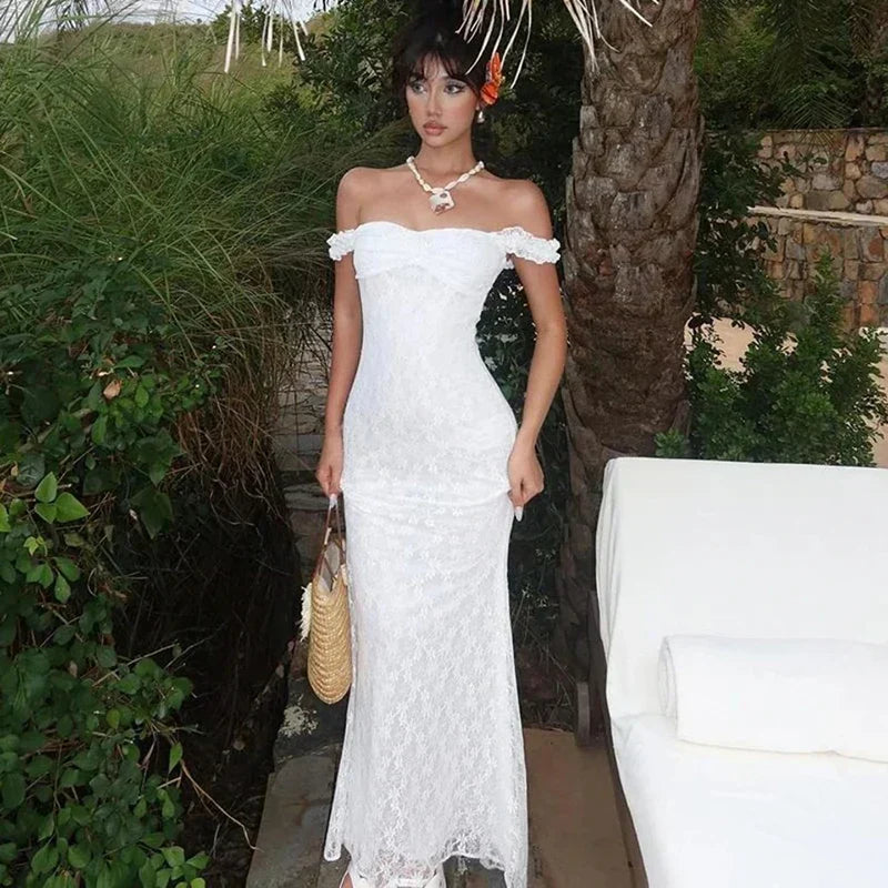 Boho Chic Women Floor Length Fishtail Dress White Lace Graceful Sexy Sleeveless Bodycon Maxi Dress Summer Clubwear