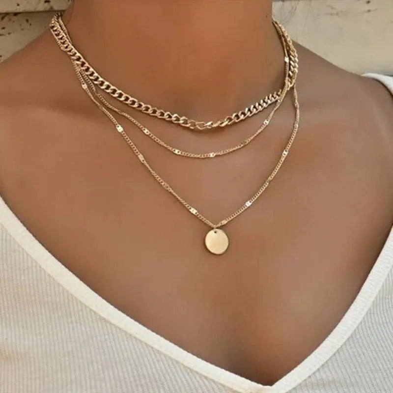 Layered Chain Coin Pendant Necklace