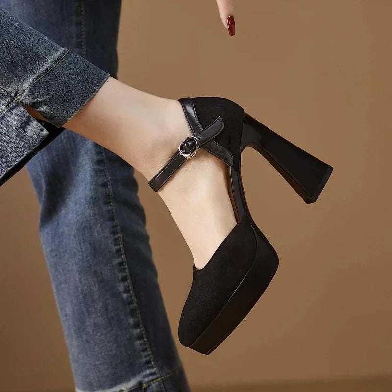 Suede Look Ankle Strap Platform Block Heel Pumps