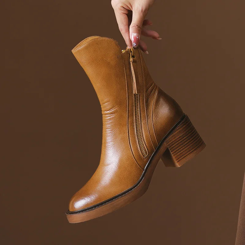 Pointed Toe Side Zip Block Heel Mid Calf Western Boots