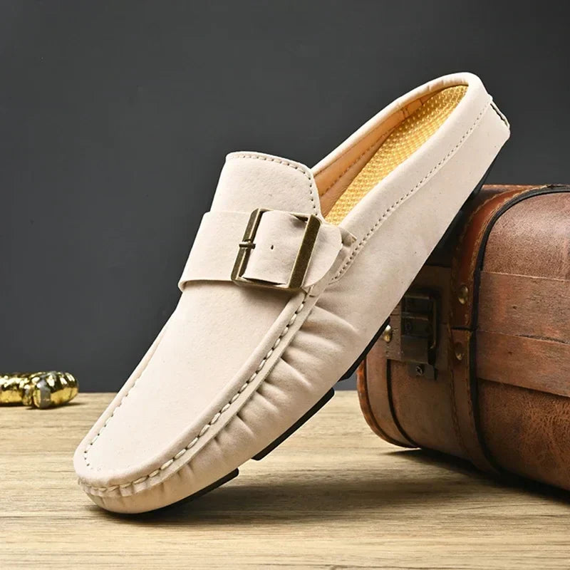 Suede-Look Buckle Backless Loafer Mules